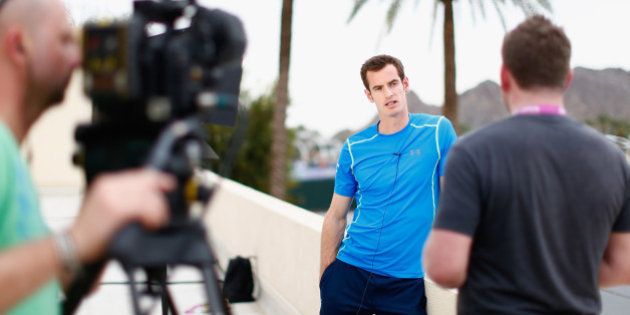 INDIAN WELLS, CA - MARCH 11: Andy Murray of Great Britain talks to the media during day three of the BNP Paribas Open tennis at the Indian Wells Tennis Garden on March 11, 2015 in Indian Wells, California. (Photo by Julian Finney/Getty Images)
