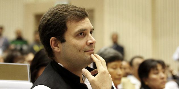 NEW DELHI, INDIA - NOVEMBER 18: Congress Vice President Rahul Gandhi during the concluding session of international conference to commemorate the 125th birth anniversary of Pt Jawaharlal Nehru at Vigyan Bhavan on November 18, 2014 in New Delhi, India. (Photo by Arvind Yadav/Hindustan Times via Getty Images)