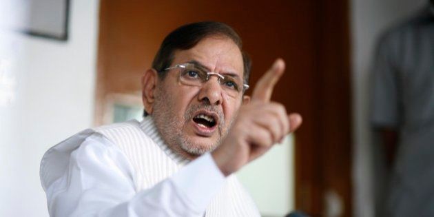 NEW DELHI, INDIA - NOVEMBER 13: Janata Dal United party President Sharad Yadav during press conference at his residence on the issue of Bilaspur sterilization tragedy on November 13, 2014 in New Delhi, India. Thirteen women have died and more than 50 others are in critical condition after undergoing sterilization surgeries in a free government-run program at the CIMS hospital in Bilaspur , Chattisgarh. A total of 83 women, all poor villagers under the age of 32, had the operations last week. Each of the women had received a payment of 600 rupees, or about $10, to participate in the program. (Photo by Arun Sharma/Hindustan Times via Getty Images)
