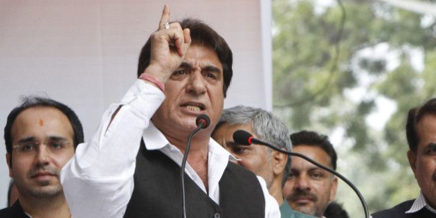 NEW DELHI, INDIA - FEBRUARY 25: Congress leader Raj Babbar addressing the gathering during a protest against a proposed land acquisition ordinance at Jantar Mantar on February 25, 2015 in New Delhi, India. The Congress Party starts agitation against Acquisition Ordinance and alleging governments move is anti-farmers. It was Congress led UPA which passed the The Right to Fair Compensation and Transparency in Land Acquisition, Rehabilitation and Resettlement Act, 2013 replacing a 120 year old Land Acquisition Act, 1894. (Photo by Arun Sharma/Hindustan Times via Getty Images)