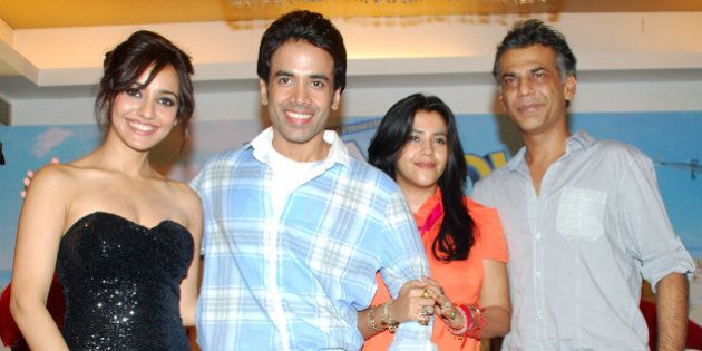 MUMBAI, INDIA - AUGUST 01: Bollywood actors Tusshar Kapoor, Neha Sharma with producer Ekta Kapoor during the success party of the film 'Kya Super Kool Hain Hum' in Mumbai on Wednesday (Photo by Yogen Shah /India Today Group/Getty Images)