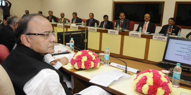 NEW DELHI, INDIA - MARCH 11: Union Finance Minister Arun Jaitley during the Quarterly Performance Review Meeting with the Chief Executive Officers (CEOs) of Public Sector Banks and Financial Institutions at Vigyan Bhawan Annexe on March 11, 2015 in New Delhi, India. Government is believed to have asked public sector banks today to consider lowering their interest rates, even as some lenders want further signals on RBIs monetary policy before passing on the benefits to their retail and corporate borrowers. (Photo by Sonu Mehta/Hindustan Times via Getty Images)