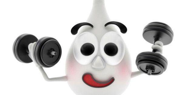 Strong sperm cartoon character training with dumbells.