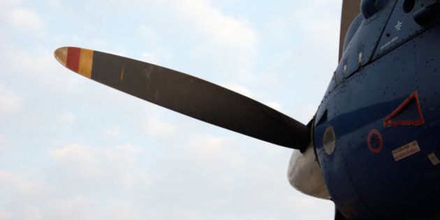 Closeup of propeller airplane engine