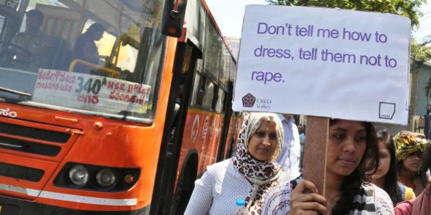 Students of a fashion design school hold placards during a protest against the rapists convicted in the Dec. 16, 2012 gang rape in a moving bus in New Delhi, in Bangalore, India, Friday, March 13, 2015. The protesters also demanded lifting of the ban on a film âIndiaâs Daughterâ by British filmmaker Leslee Udwin where one of the men sentenced to death for the high-profile gang rape said that if their victim had not fought back she would not have been killed. (AP Photo/Aijaz Rahi)