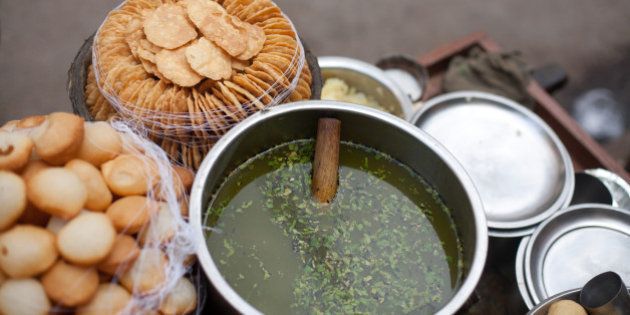 Close-up of pani poori is Street food of India.
