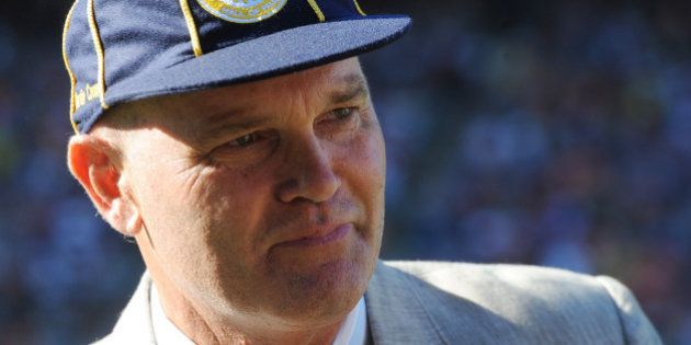 Former New Zealand cricket captain Martin Crowe after he was inducted into the International Cricket Council's Hall of Fame during a ceremony at the Cricket World Cup match between Australia and New Zealand in Auckland, New Zealand, Saturday, Feb. 28, 2015. (AP Photo Ross Setford)