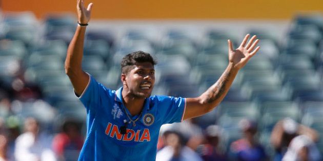 India's Umesh Yadav appeals for a wicket during their Cricket World Cup Pool B match against the United Arab Emirates in Perth, Australia, Saturday, Feb 28, 2015. (AP Photo/Theron Kirkman)