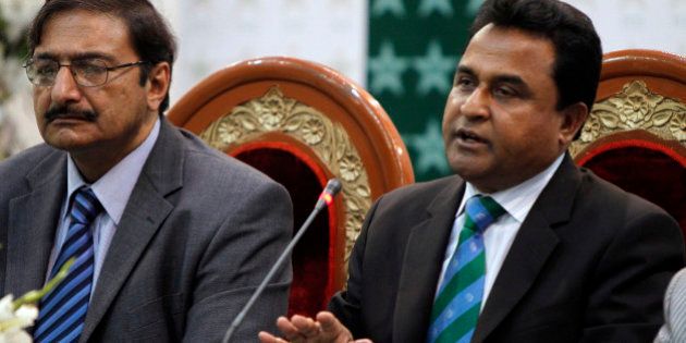 Bangladesh Cricket Board President Mustafa Kamal, right, speaks as Pakistan's Cricket Board Chairman Zaka Ashraf look on during a press conference in Lahore, Pakistan, Sunday, March 4, 2012. Kamal says he is keen to send his country's team to Pakistan, provided the tour gets the approval of the International Cricket Council. Kamal is leading a nine-member security delegation from Bangladesh to assess security in Pakistan, which has not hosted any test-playing nations for the last three years. (AP Photo/K.M. Chaudary)