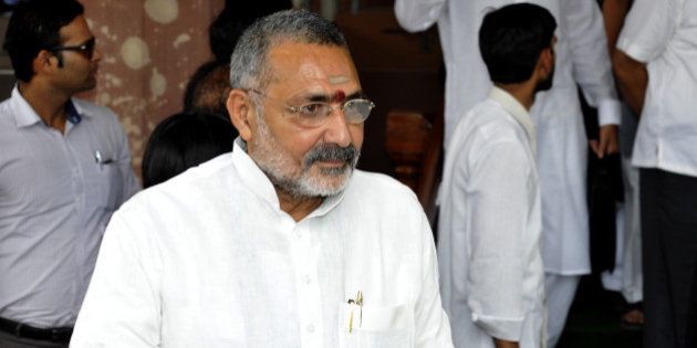 NEW DELHI, INDIA - JULY 14: BJP MP Giriraj Singh leaves Parliament after attending the budget session on July 14, 2014 in New Delhi, India. A bill to remove legal hurdles in the appointment of former TRAI chief Nripendra Misra as principal secretary to the Prime Minister was passed in Lok Sabha.(Photo by Sonu Mehta/Hindustan Times via Getty Images)