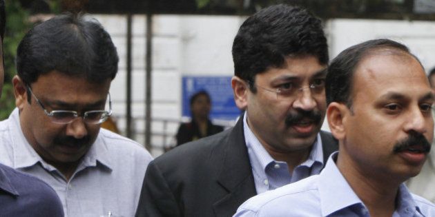 NEW DELHI, INDIA - MARCH 2: Former Telecom Minister Dayanidhi Maran and his brother Kalanithi Maran (not in pic) appeared before a special 2G court hearing in the case relating to the Aircel-Maxis deal, at Patiala Court on March 2, 2015 in New Delhi, India. DMK leaders Dayanidhi Maran and Kalanithi appeared before a court hearing the case relating to the Aircel-Maxis deal and moved their bail application. The CBI has alleged that Dayanidhi Maran used his influence to help Malaysian businessmen T Ananda Krishnan buy Aircel by coercing its owner Sivasankaran to part with his stake. (Photo by Arun Sharma/Hindustan Times via Getty Images)