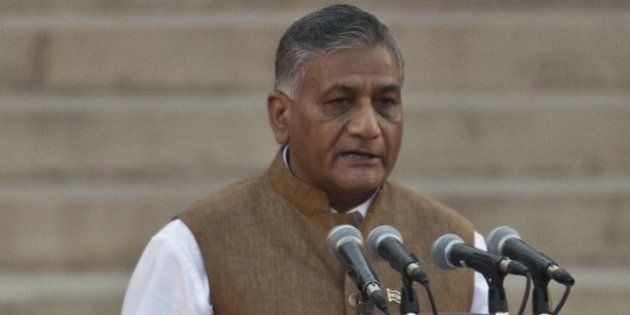 Bharatiya Janta Party (BJP) leader and retired Indian chief of army staff, general V.K. Singh takes the oath of office during a swearing-in ceremony for new Indian Prime Minister Narendra Modi and his cabinet ministers at the Presidential Palace in New Delhi on May 26, 2014. India's Narendra Modi was sworn in as prime minister May 26 with the strongest mandate of any leader for 30 years, promising to forge a 'strong and inclusive' country on a first day that signalled his bold intentions. AFP PHOTO/Prakash SINGH (Photo credit should read PRAKASH SINGH/AFP/Getty Images)