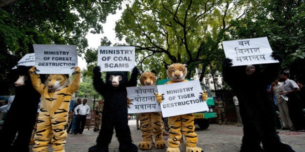 Greenpeace activists dressed as bears and tigers hold placards during a protest, urging the government to stop using the corruption-induced coal shortage as an alleged reason to mine in forest areas, outside the Coal Ministry in New Delhi on September 11, 2012. Indian police have opened a probe into five coal companies after raiding premises across the country over the alleged misallocation of lucrative mining rights. AFP PHOTO/ MANAN VATSYAYANA (Photo credit should read MANAN VATSYAYANA/AFP/GettyImages)