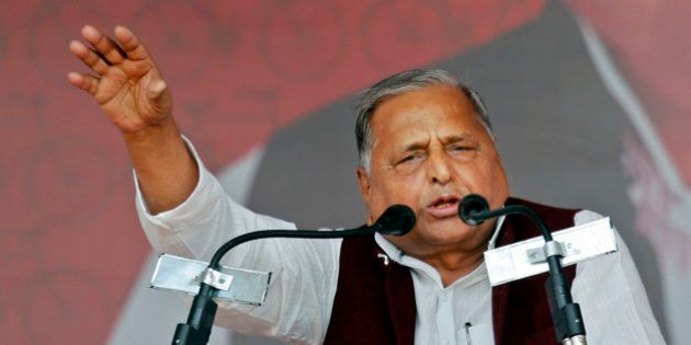 Samajwadi Party President Mulayam Singh Yadav addresses a public rally âDesh Banao, Desh Bachaoâ, or âMake the Country, Save the Countryâ, in Allahabad, India, Sunday, March 2, 2014. Indiaâs biggest state, Uttar Pradesh, has 80 Loksabha, or lower parliamentary house, seats in the general elections later this year. Portrait of party leader Mulayam Singh Yadav is seen in the background. (AP Photo/Rajesh Kumar Singh)