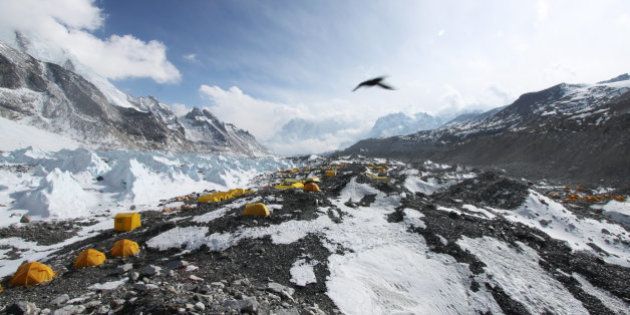 In this Saturday, April 11, 2015 photo, a bird flies over tents set up for climbers at Everest Base Camp in Nepal. More medical staff has been placed at Mount Everest's base camp, and the government has set up a full-time office tent at the camp, with officials providing security, settling disputes among climbers and monitoring the activities of the hundreds of climbers and guides at the camp. Climbers from four teams have already been issued permits allowing them to climb the 8,850-meter (29,035-foot) peak, another 11 written applications are pending and more applications are expected in the next few days, said Gyanendra Shrestha, an official at Nepal's Mountaineering Department. (AP Photo/Tashi Sherpa)