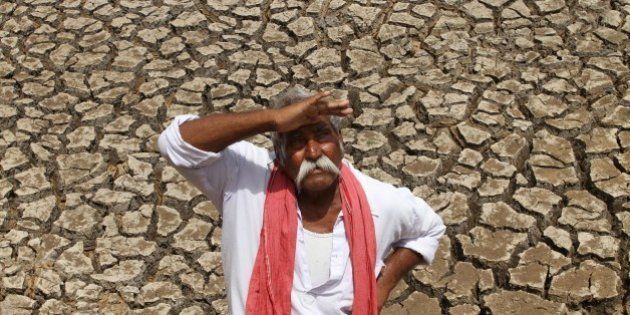 An Indian farmer looks skyward as he stands on a dried bed of a water body on the outskirts of Ahmadabad, India, Tuesday, July 8, 2014. The western Indian state of Gujarat is facing a severe deficit in monsoon rain, according to news reports. (AP Photo/Ajit Solanki)