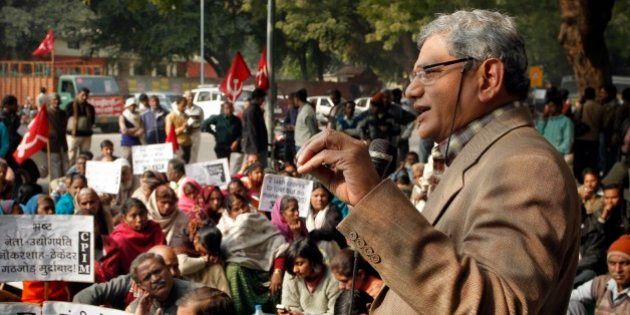 Communist Party of India (Marxist) leader Sitaram Yechury speaks at a protest against inapt handling by the central government of alleged corruption charges pertaining to the Commonwealth Games, the Adarsh Society land scam and the 2-G telecom scam, at a protest in New Delhi, India, India, Friday, Dec. 10, 2010. (AP Photo/Gurinder Osan)