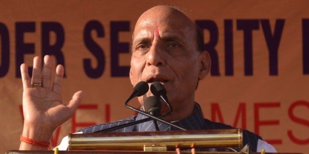 Union Home Minister Rajnath Singh speaks during a closing ceremony for the Camel Safari expedition in Amritsar on March 22, 2015. In a joint venture by the BSF and Tata Steel Adventure Foundation (TSAF), 20 women are participating in the expedition which is a part of the BSF's Golden Jubilee celebrations. The expedition started from Bhuj in the state of Gujarat and will culminate at India-Pakistan Wagah border post on March 22, after travelling some 2300 kms. AFP PHOTO / NARINDER NANU (Photo credit should read NARINDER NANU/AFP/Getty Images)
