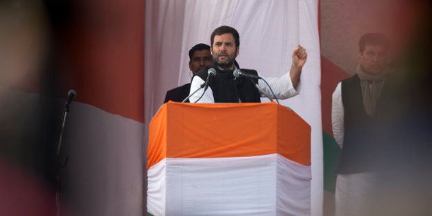 India's opposition Congress party Vice President Rahul Gandhi addresses an election campaign rally ahead of Delhi state election in New Delhi, India, Wednesday, Feb. 4, 2015. Delhi goes to the polls on Feb. 7. (AP Photo/Tsering Topgyal)