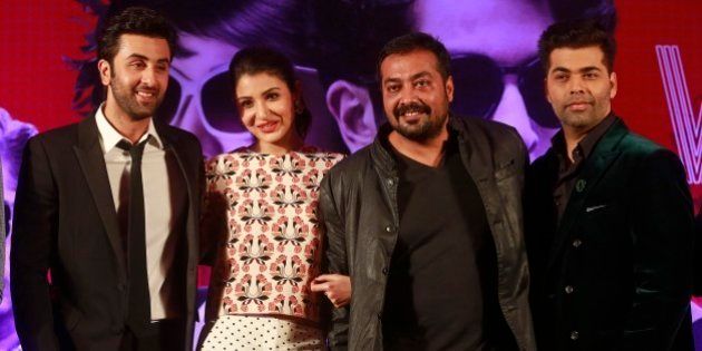 Director Anurag Kashyap, second right, poses with actors Ranbir Kapoor, left, Anushka Sharma and Karan Johar, right, during a trailer launch of their film Bombay Velvet in Mumbai, India, Monday, April 27, 2015. The film is scheduled for release on May 15, 2015. (AP Photo/Rafiq Maqbool)