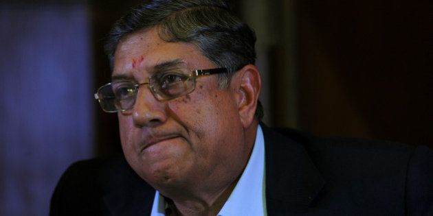 President of the Board of Control for Cricket in India (BCCI), N. Srinivasan addresses a press conference in Kolkata on May 26, 2013. Indian police have arrested the son-in-law of the country's cricket chief in a spot-fixing probe as the government announced Saturday a new law to crack down on cheating in sport. AFP PHOTO (Photo credit should read STR/AFP/Getty Images)