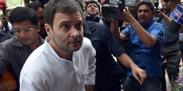 Congress Party Vice President, Rahul Gandhi arrives at Parliament in New Delhi on April 20, 2015. As the Budget session of Parliament resumes, Prime Minister Narendra Modi thanked all parties for their co-operation in the previous parliamentary session and said that the second half of the session will also see a high level of constructive discussions with similar co-operation of all parties. AFP PHOTO / PRAKASH SINGH (Photo credit should read PRAKASH SINGH/AFP/Getty Images)