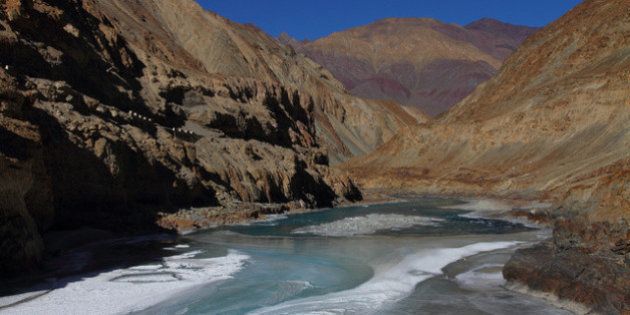 Scenic Zanskar river - beginning to freeze - once completely frozen, the famous Chadar trek on the river begins
