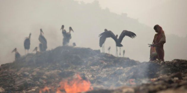 Smoke rises from burning garbage as an Indian woman looks for recyclable material near resting greater adjutant storks at a dumping site on the outskirts of Gauhati, India, Friday, Nov. 14 2014. This week's China-U.S. climate agreement between the world's top two polluters puts pressure on India, No. 3 on the list, to become more energy efficient and should encourage investment in renewable energy. China emits a quarter of the world's greenhouse gases, the United States 15 percent and India about 6 percent. (AP Photo/Anupam Nath)