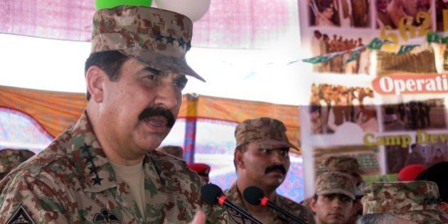 Pakistani army chief Raheel Sharif addresses internally displaced Pakistani civilians fleeing a military operation against Taliban militants in the North Waziristan tribal agency during a ceremony to mark the countrys Defence Day in Bannu, near the North Waziristan border, on September 6, 2014. Pakistan's military said on September 3, 2014 it had killed more than 900 militants and lost 82 soldiers since the start of a major operation against the Taliban in the tribal northwest in June 2014. The military began a long-awaited push to clear insurgent bases from North Waziristan district, on the Afghan border, after a bloody attack on Karachi airport finally sank stuttering peace talks with the rebels. AFP PHOTO / KARIM ULLAH (Photo credit should read KARIM ULLAH/AFP/Getty Images)