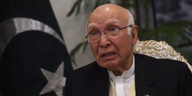 Sartaj Aziz, Pakistani Foreign Affairs and National Security Advisor to Prime Minister Nawaz Sharif, is interviewed by AFP at the Foreign Ministry in Islamabad on December 19, 2014. A Taliban massacre at a school is 'Pakistan's 9/11', the country's top foreign policy official told AFP December 19, saying the assault that left 149 dead would change the country's approach to fighting terror. AFP PHOTO / Farooq NAEEM (Photo credit should read FAROOQ NAEEM/AFP/Getty Images)