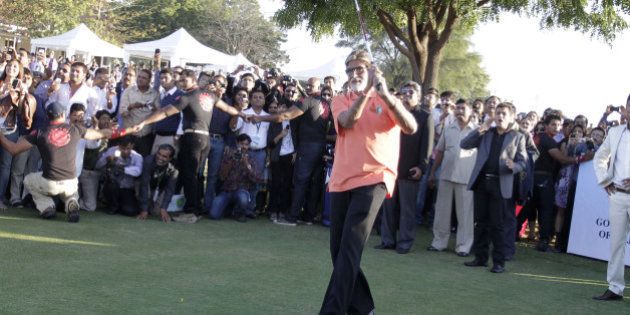 Bollywood actor Amitabh Bachchan tees off to inaugurate the 'Gujarat Kensville Challenge' at Kensville Golf Club near Ahmadabad, India, Wednesday, Jan. 12, 2011. The European Challenge Tour is making its first visit to India with the inauguration of the Gujarat Kensville Challenge which was formally kicked off by Bachchan on Jan. 12. (AP Photo/Ajit Solanki)
