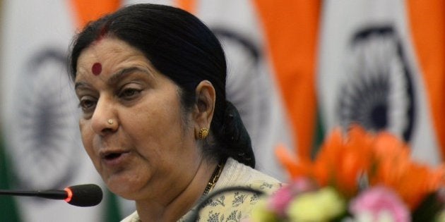 Indian Foreign Minister Sushma Swaraj addresses a press conference in New Delhi on May 31, 2015. Swaraj held the press conference to mark the first anniversary of Prime Minister Narendra Modi's government. AFP PHOTO / SAJJAD HUSSAIN (Photo credit should read SAJJAD HUSSAIN/AFP/Getty Images)