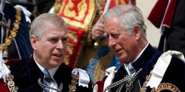 WINDSOR, ENGLAND - JUNE 15: Prince Andrew, Duke of York and Prince Charles, Prince of Wales attend the Order of the Garter Service at St George's Chapel in Windsor Castle on June 15, 2015 in Windsor, England. The Order of the Garter is the most senior and the oldest British Order of Chivalry and was founded by Edward III in 1348. (Photo by Peter Nicholls - WPA Pool /Getty Images)