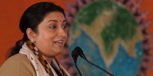 Minister of Human Resource Development, Smriti Zubin Irani addresses the Akhil Bharatiya Vidyarthi Parishad (ABVP) - a right wing all-India student organisation - 60th National Conference in Amritsar on November 16, 2014. Hundreds of ABVP members from across the country are visiting the city to attend the organisation's 60th National Conference from November 14-16. AFP PHOTO/NARINDER NANU (Photo credit should read NARINDER NANU/AFP/Getty Images)