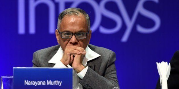 Outgoing chairman of Infosys, N.R. Narayana Murthy watches proceedings during the 33rd Annual General Meeting of the company in Bangalore on June 14, 2014. In his last address as chairman, N.R. Narayana Murthy of Infosys welcomed the IT major's new CEO and MD Vishal Sikka, and said that the current CEO SD Shibulal will leave the company on July 31. AFP PHOTO/Manjunath KIRAN (Photo credit should read Manjunath Kiran/AFP/Getty Images)