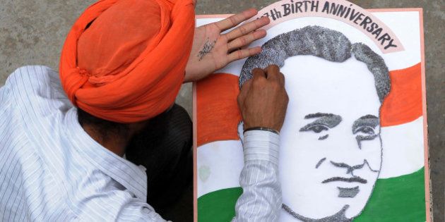 Indian artist Gurpreet Singh uses thousands of nails to design a portrait of hockey legend Dhyan Chand, on the eve of his 107th birth anniversary, in Amritsar on August 28, 2012. Chand was a famous Indian field hockey player that won three Olympic gold medals in 1928, 1932, and 1936. AFP PHOTO /NARINDER NANU (Photo credit should read NARINDER NANU/AFP/GettyImages)