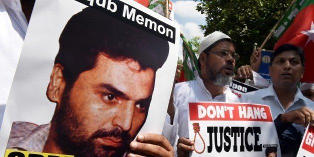 Indian protesters shout slogans during a protest against the death sentence of convicted bomb plotter Yakub Memon, a key plotter of the bomb attacks which killed hundreds in Mumbai in 1993, in New Delhi on July 27, 2015. India's top court on July 21, 2015 rejected a final appeal by Memon, a key plotter of bomb attacks that killed hundreds in Mumbai in 1993, paving the way for his execution. AFP PHOTO / MONEY SHARMA (Photo credit should read MONEY SHARMA/AFP/Getty Images)