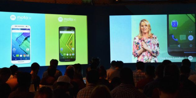 NEW YORK, NY - JULY 28: Adrienne Hayes, Senior Vice President, Marketing and Communications, introduces the new Moto X Play and Moto X Style smartphones from a global Livestream event in London on July 28, 2015. (Photo by Mike Coppola/Getty Images for Motorola Mobility)