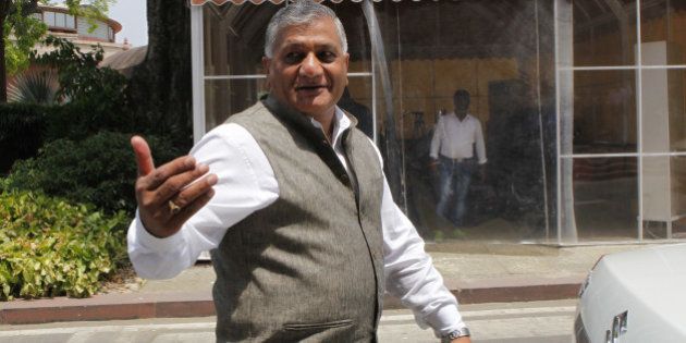 NEW DELHI, INDIA - APRIL 27: Union Minister of State for External Affairs VK Singh during Budget Session of Parliament House on April 27, 2015 in New Delhi, India. Members of the Lok Sabha decided to donate a months salary for the relief work in Nepal. (Photo by Arvind Yadav/Hindustan Times via Getty Images)