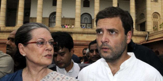 NEW DELHI, INDIA - AUGUST 4: Congress President Sonia Gandhi, and Congress Vice President Rahul Gandhi after protest against the NDA Government at the Gandhi Statue of Parliament complex in New Delhi, India on Tuesday. August 4, 2015, Congress party members are protesting against the suspension of their 25 members by the Lok Sabha Speaker. (Photo By Sonu Mehta/Hindustan Times via Getty Images)