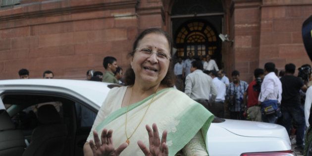 NEW DELHI, INDIA - AUGUST 3: Lok Sabha Speaker Sumitra Mahajan coming out after talking to media persons about the suspension of the 27 MPs after the session was adjourned during the Monsoon Session at the Parliament House, on August 3, 2015 in New Delhi, India. 25 of Congress partyâs 44 members in Lok Sabha were today suspended for five days for causing disruptions, setting the stage for escalation in confrontation as nine opposition parties decided to boycott the House for these days to express solidarity with the suspended members. (Photo by Sushil Kumar/Hindustan Times via Getty Images)