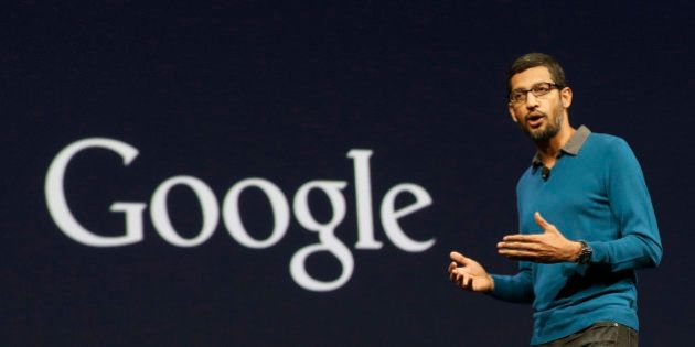 Sundar Pichai, senior vice president of Android, Chrome and Apps, speaks during the Google I/O 2015 keynote presentation in San Francisco, Thursday, May 28, 2015. (AP Photo/Jeff Chiu)