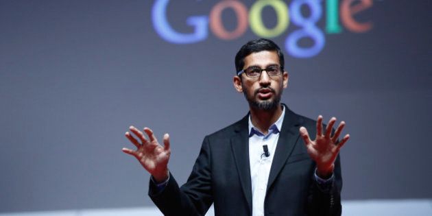 Sundar Pichai, senior vice president of Android, Chrome and Apps at Google Inc., speaks during a keynote session at the Mobile World Congress in Barcelona, Spain, on Monday, March 2, 2015. The event, which generates several hundred million euros in revenue for the city of Barcelona each year, also means the world for a week turns its attention back to Europe for the latest in technology, despite a lagging ecosystem. Photographer: Simon Dawson/Bloomberg via Getty Images