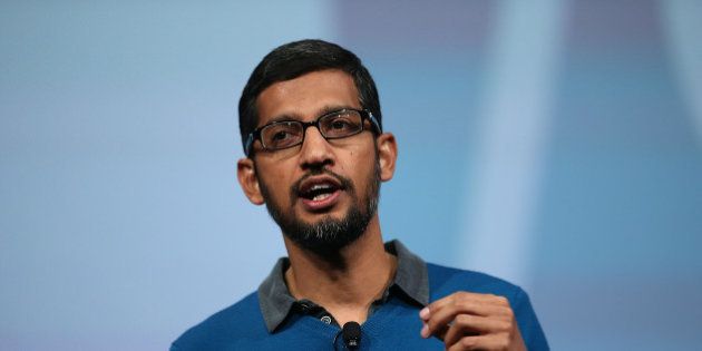 SAN FRANCISCO, CA - MAY 28: Google senior vice president of product Sundar Pichai delivers the keynote address during the 2015 Google I/O conference on May 28, 2015 in San Francisco, California. The annual Google I/O conference runs through May 29. (Photo by Justin Sullivan/Getty Images)