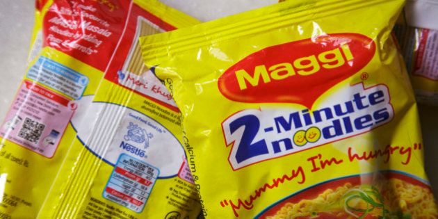 Packets of Maggi 2-Minute Noodles, manufactured by Nestle India Ltd., are arranged for a photograph in New Delhi, India, on Monday, June 15, 2015. Nestle SA said the U.S. Food and Drug Administration is testing samples of imported Maggi noodles after the worlds largest food company halted sales in India when regulators said they contained unhealthy levels of lead. Photographer: Kuni Takahashi/Bloomberg via Getty Images