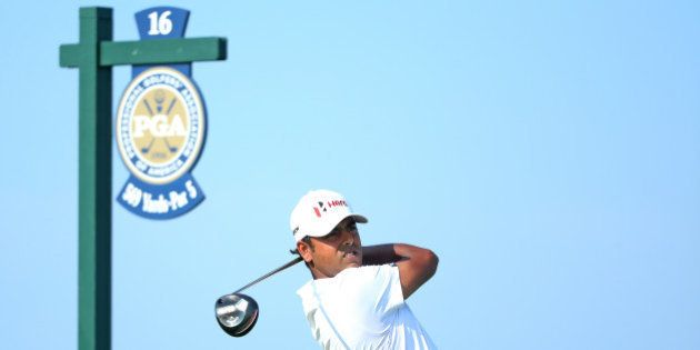 SHEBOYGAN, WI - AUGUST 16: Anirban Lahiri of India plays his shot from the 16th tee during the final round of the 2015 PGA Championship at Whistling Straits on August 16, 2015 in Sheboygan, Wisconsin. (Photo by Andrew Redington/Getty Images)