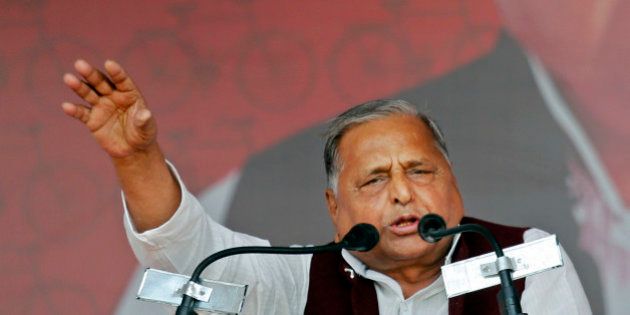 Samajwadi Party President Mulayam Singh Yadav addresses a public rally âDesh Banao, Desh Bachaoâ, or âMake the Country, Save the Countryâ, in Allahabad, India, Sunday, March 2, 2014. Indiaâs biggest state, Uttar Pradesh, has 80 Loksabha, or lower parliamentary house, seats in the general elections later this year. Portrait of party leader Mulayam Singh Yadav is seen in the background. (AP Photo/Rajesh Kumar Singh)