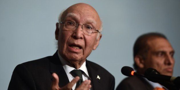 Pakistan Prime Minister Adviser on National Security and Foreign Affairs, Sartaj Aziz addresses a press briefing in Islamabad on August 22, 2015. Pakistan's national security adviser insisted that he was ready to travel to New Delhi for talks with his Indian counterpart despite a row between the arch-rivals over his planned meeting with Kashmiri separatist leaders. AFP PHOTO/ Farooq NAEEM (Photo credit should read FAROOQ NAEEM/AFP/Getty Images)