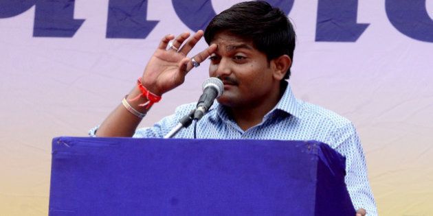 AHEMDABAD, INDIA AUGUST 25: Hardik Patel at the 'Maha Kranti' rally at GMDC ground in Ahmedabad. The 'Maha Kranti' rally comes after a month-long agitation by the Patel community for their demand of reservation.(Photo by Shailesh Raval/India Today Group/Getty Images)