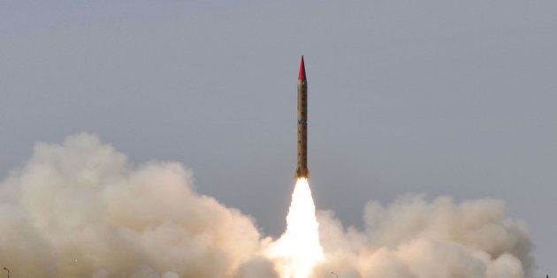 PAKISTAN - NOVEMBER 13: The Pakistani Military launches an intermediate-range nuclear-capable ballistic missile Shaheen-II, also known as Hatf-VI, with a range of 1,500 kilometers (900 miles) from an undisclosed location in Pakistan on November 13, 2014. The test fire hit its target in the Arabian Sea, which is the northern part of the Indian Ocean. (Photo by Inter Services Public Relations (ISPR)/Anadolu Agency/Getty Images)